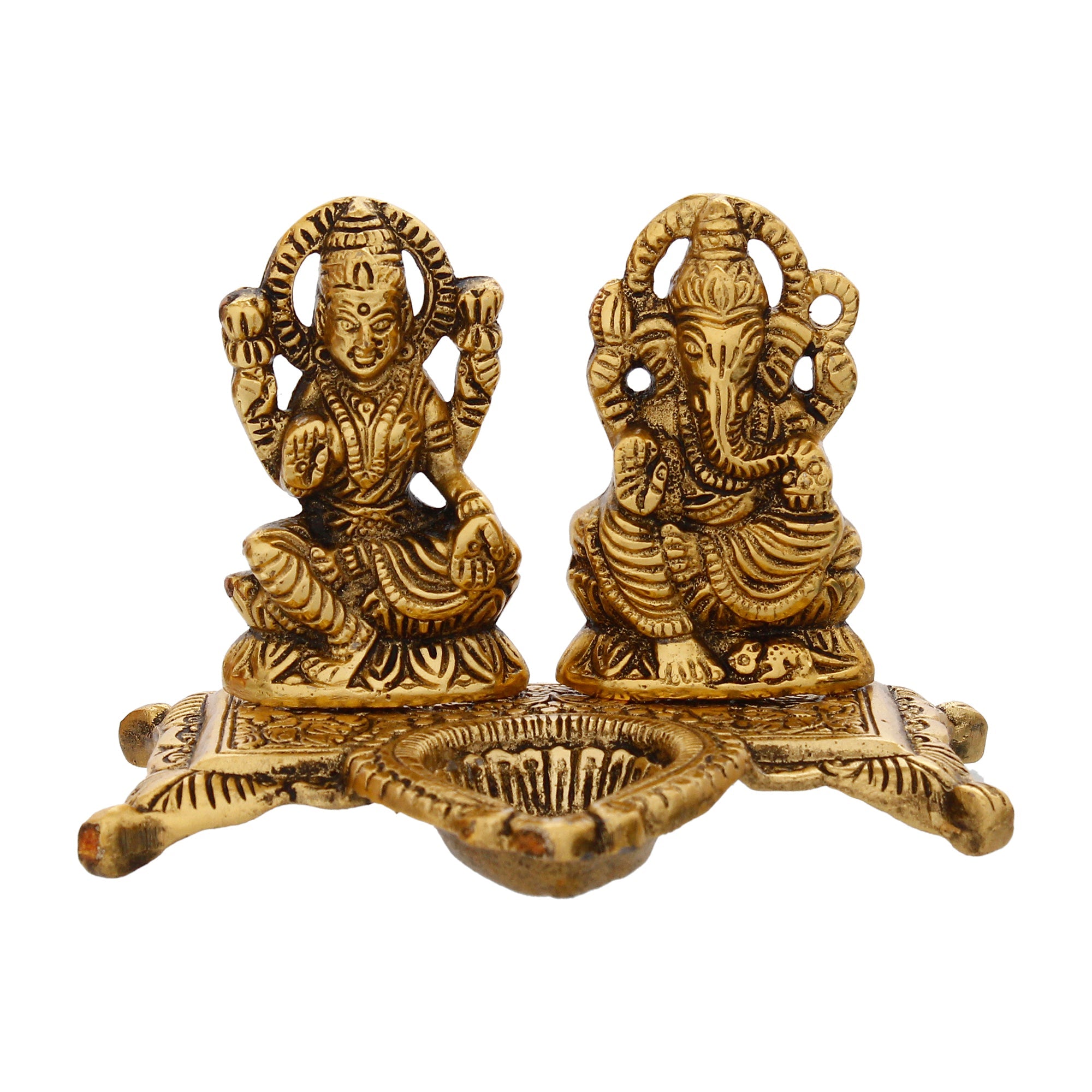 Golden Goddess Laxmi With Lord Ganesha Idol and Decorative Diya Metal Showpiece Kafalo
