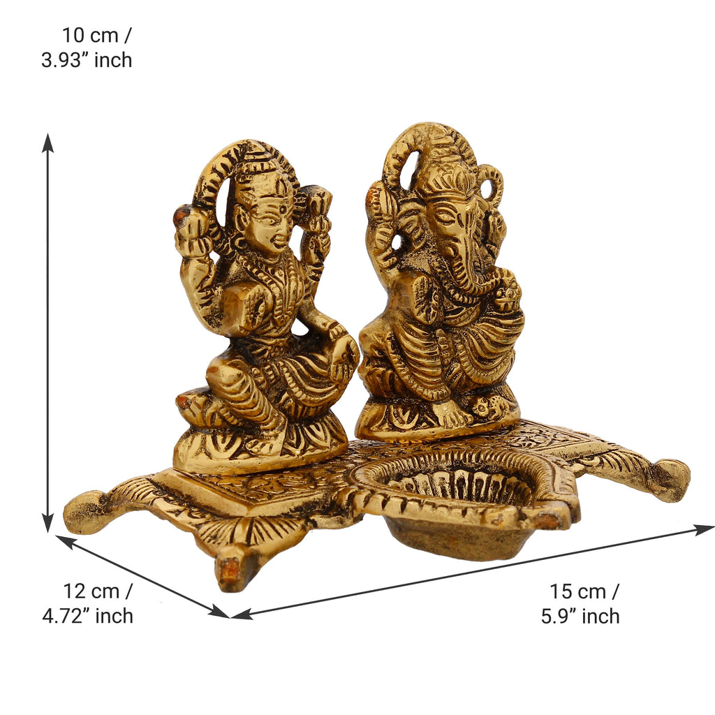 Golden Goddess Laxmi With Lord Ganesha Idol and Decorative Diya Metal Showpiece Kafalo