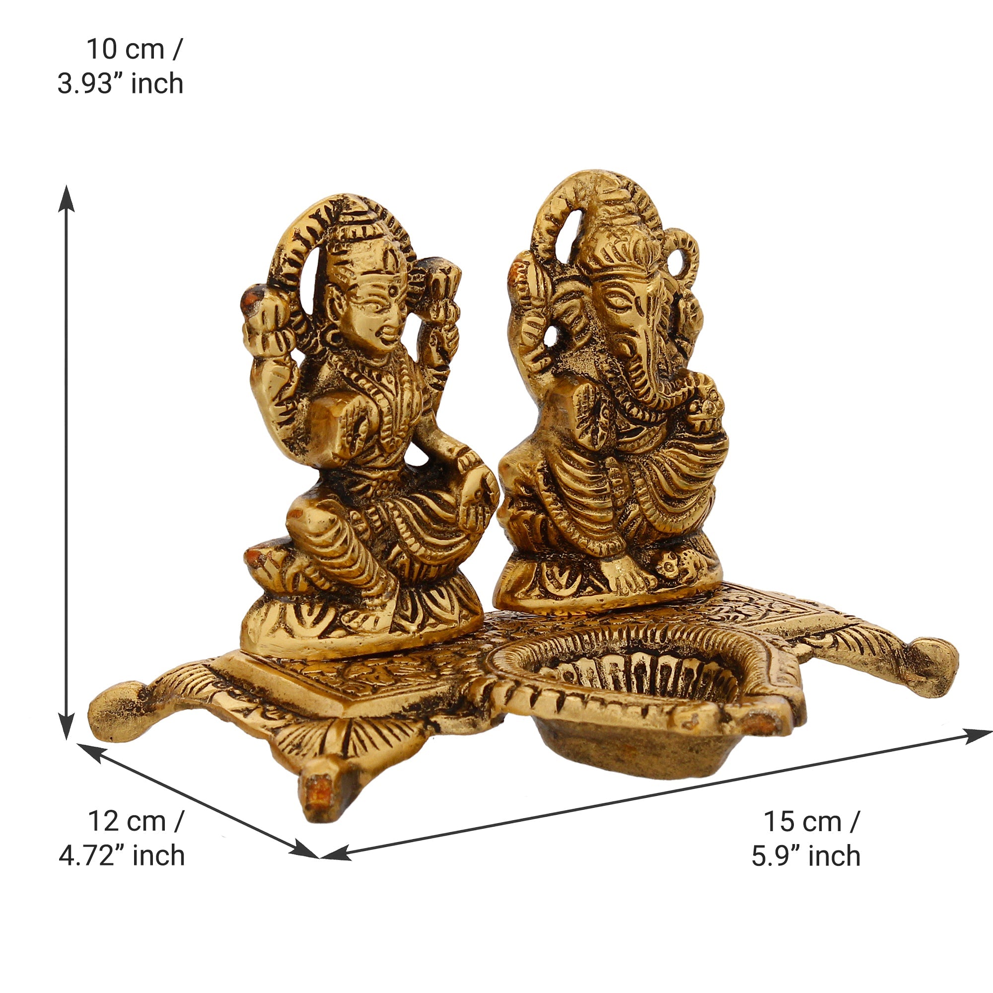 Golden Goddess Laxmi With Lord Ganesha Idol and Decorative Diya Metal Showpiece Kafalo