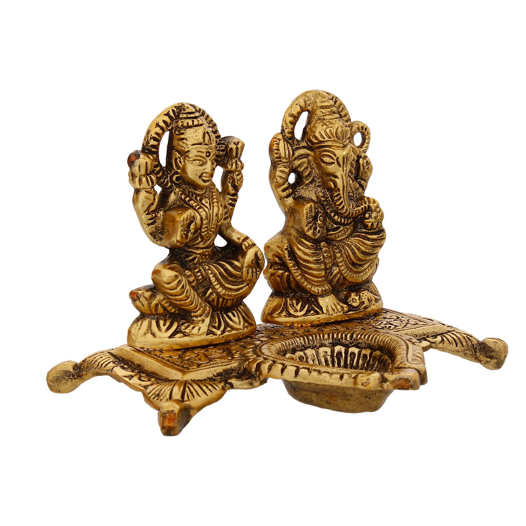 Golden Goddess Laxmi With Lord Ganesha Idol and Decorative Diya Metal Showpiece Kafalo