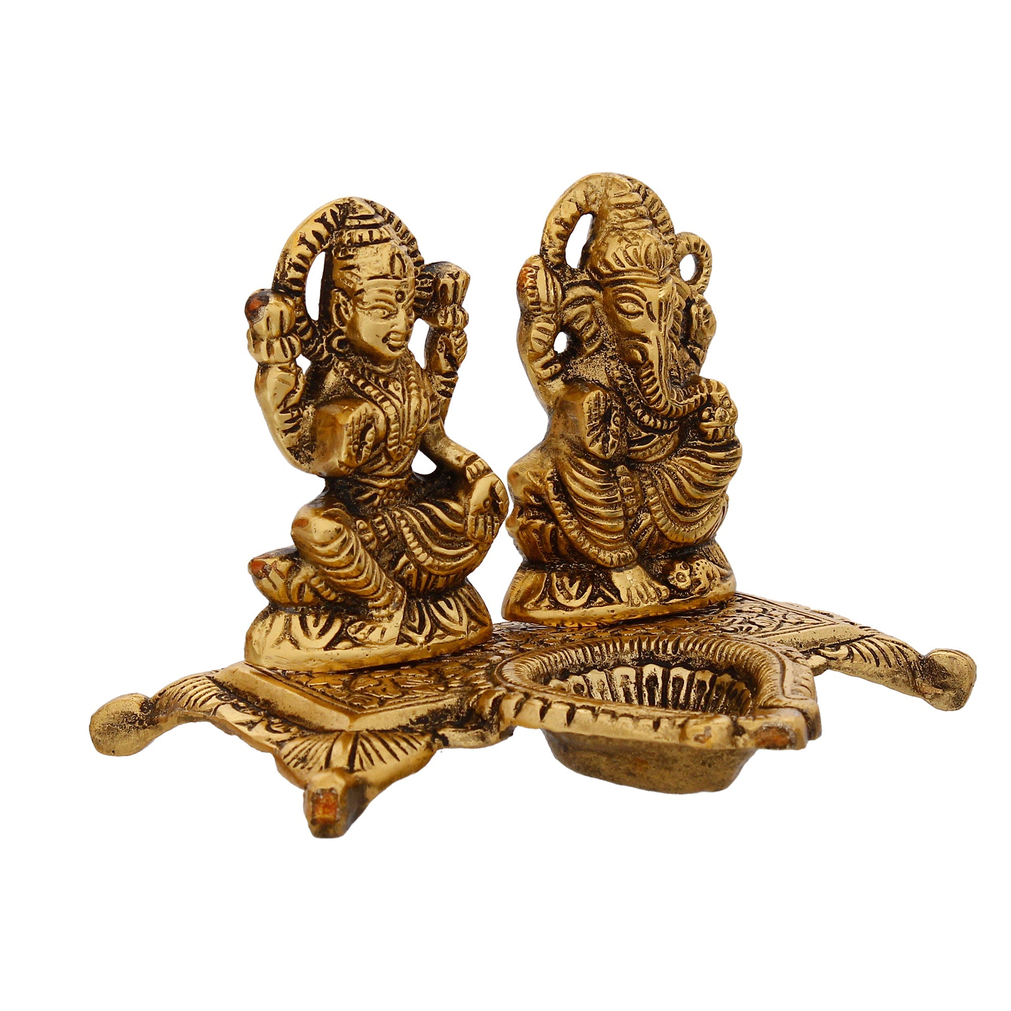 Golden Goddess Laxmi With Lord Ganesha Idol and Decorative Diya Metal Showpiece Kafalo