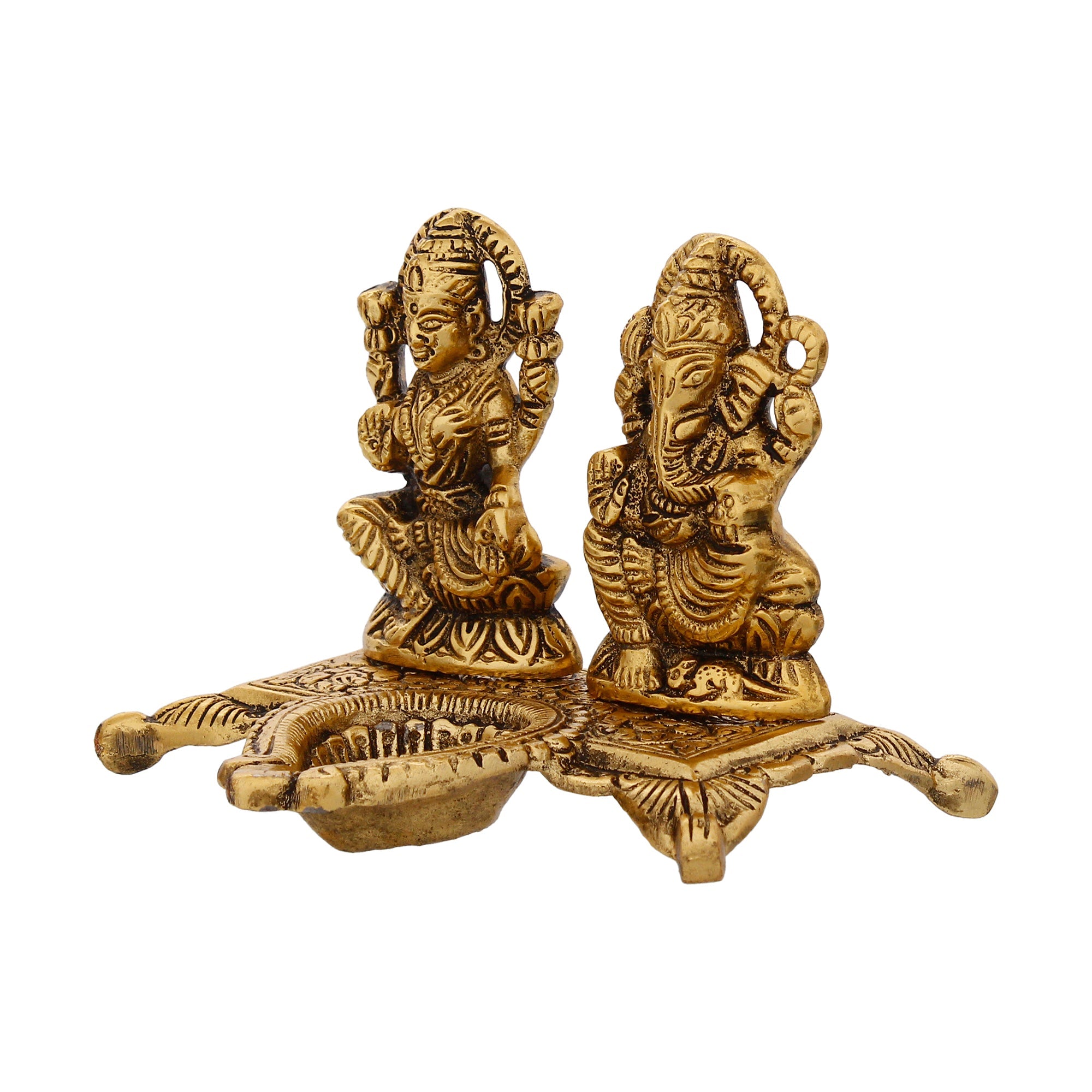 Golden Goddess Laxmi With Lord Ganesha Idol and Decorative Diya Metal Showpiece Kafalo