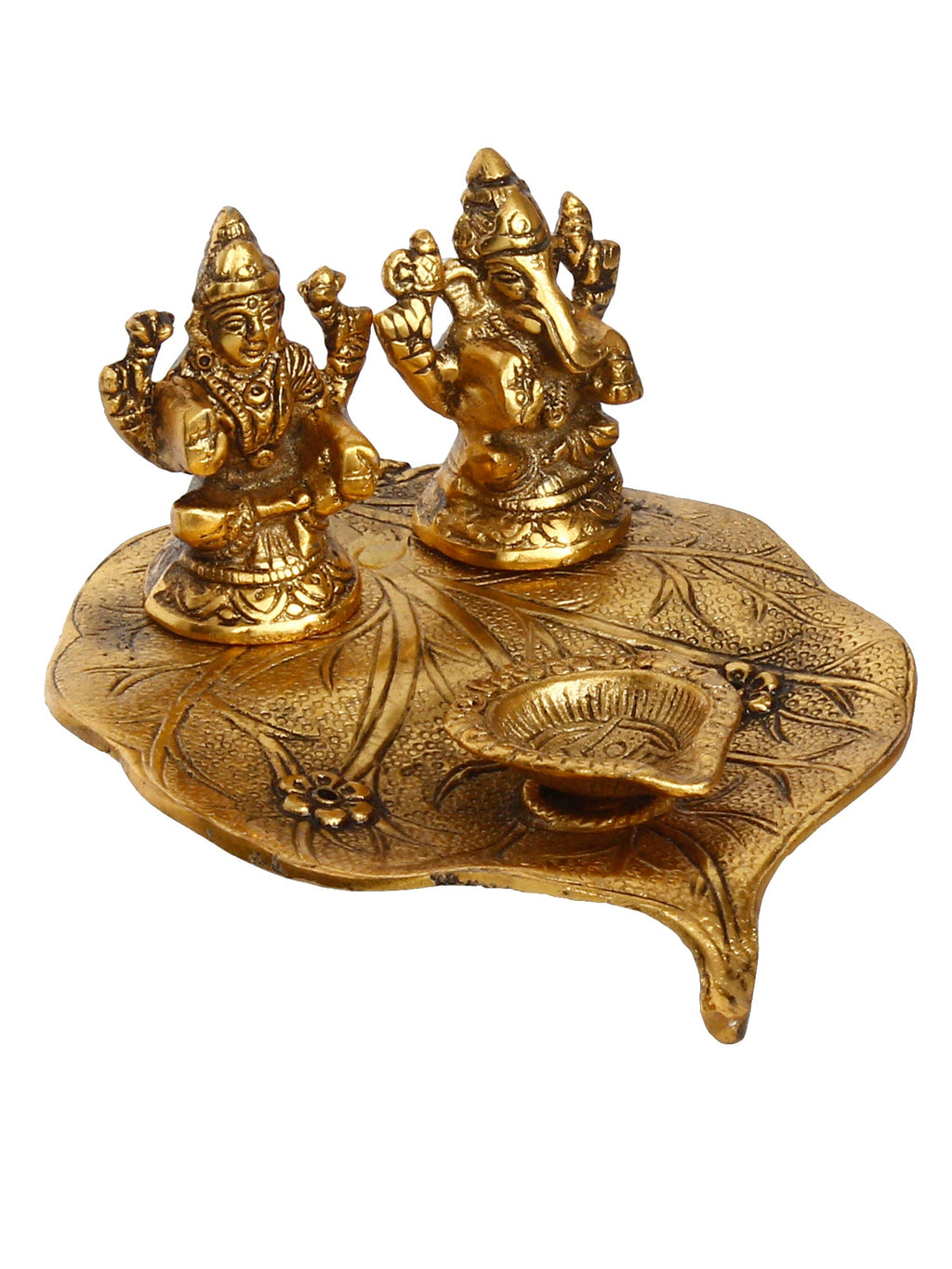 Golden Metal Handcrafted Laxmi Ganesha Idols with Diya on Leaf Kafalo