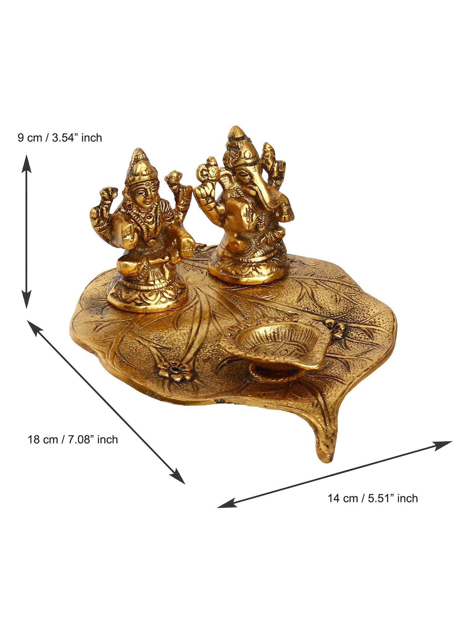 Golden Metal Handcrafted Laxmi Ganesha Idols with Diya on Leaf Kafalo