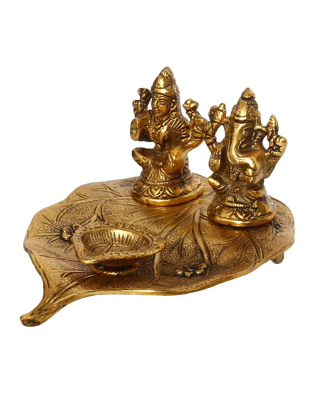 Golden Metal Handcrafted Laxmi Ganesha Idols with Diya on Leaf Kafalo