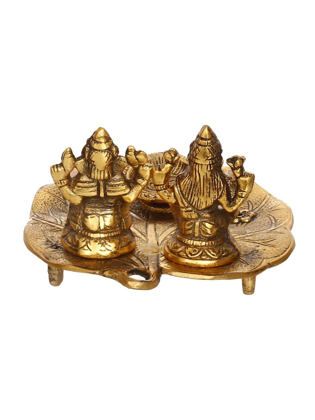 Golden Metal Handcrafted Laxmi Ganesha Idols with Diya on Leaf Kafalo