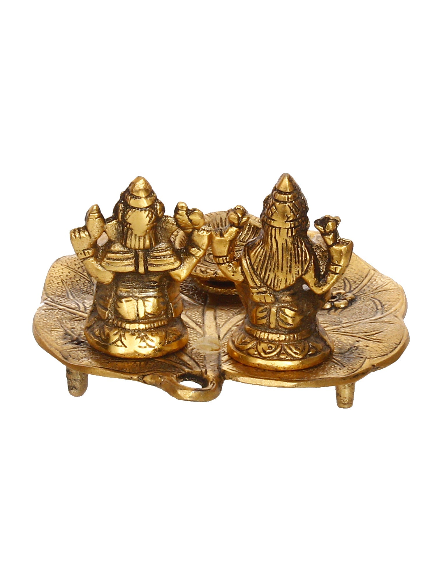 Golden Metal Handcrafted Laxmi Ganesha Idols with Diya on Leaf Kafalo