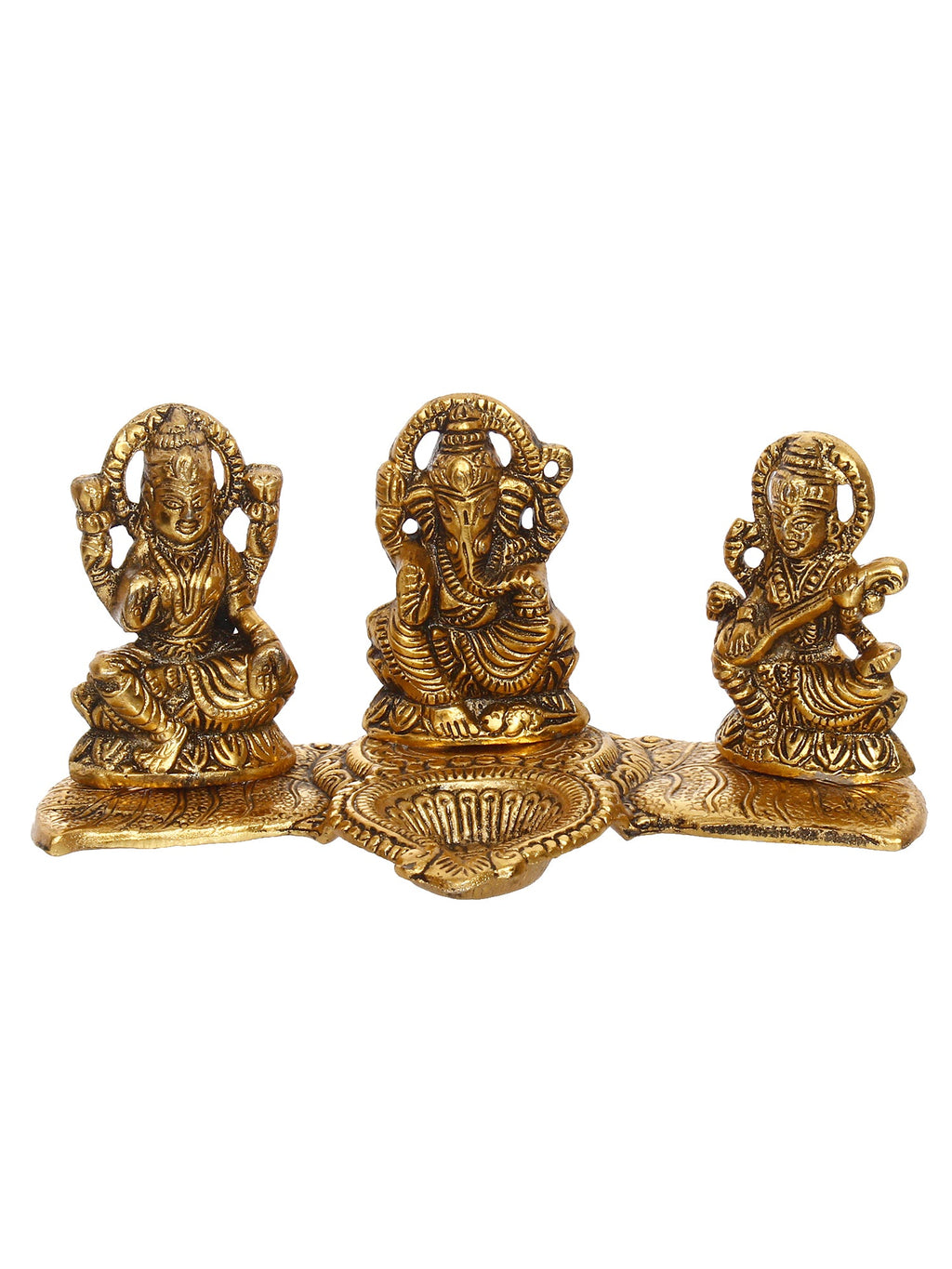 Gold Metal Handcrafted Laxmi Ganesha Saraswati Idols with Diya on Leaf Chowki Kafalo