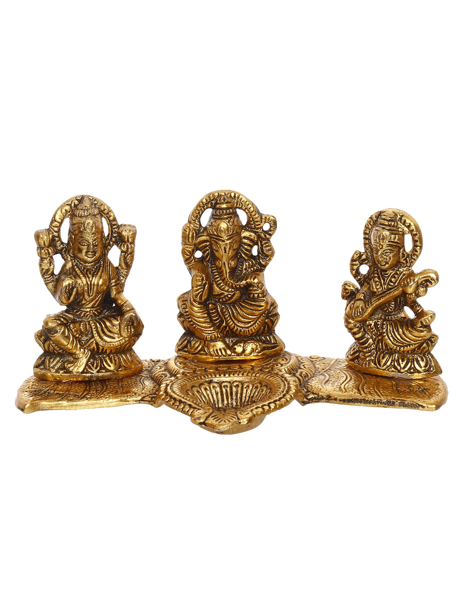Gold Metal Handcrafted Laxmi Ganesha Saraswati Idols with Diya on Leaf Chowki Kafalo