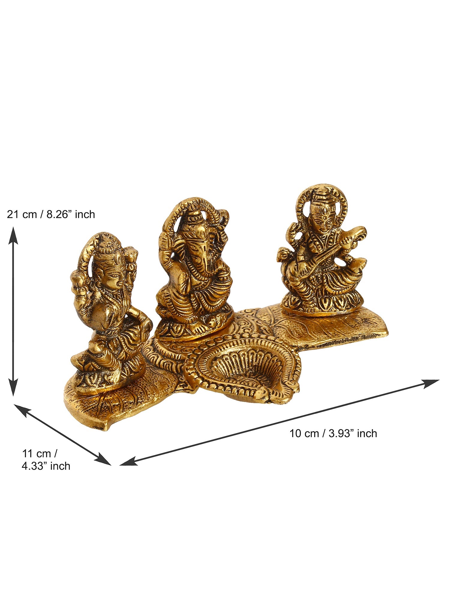 Gold Metal Handcrafted Laxmi Ganesha Saraswati Idols with Diya on Leaf Chowki Kafalo