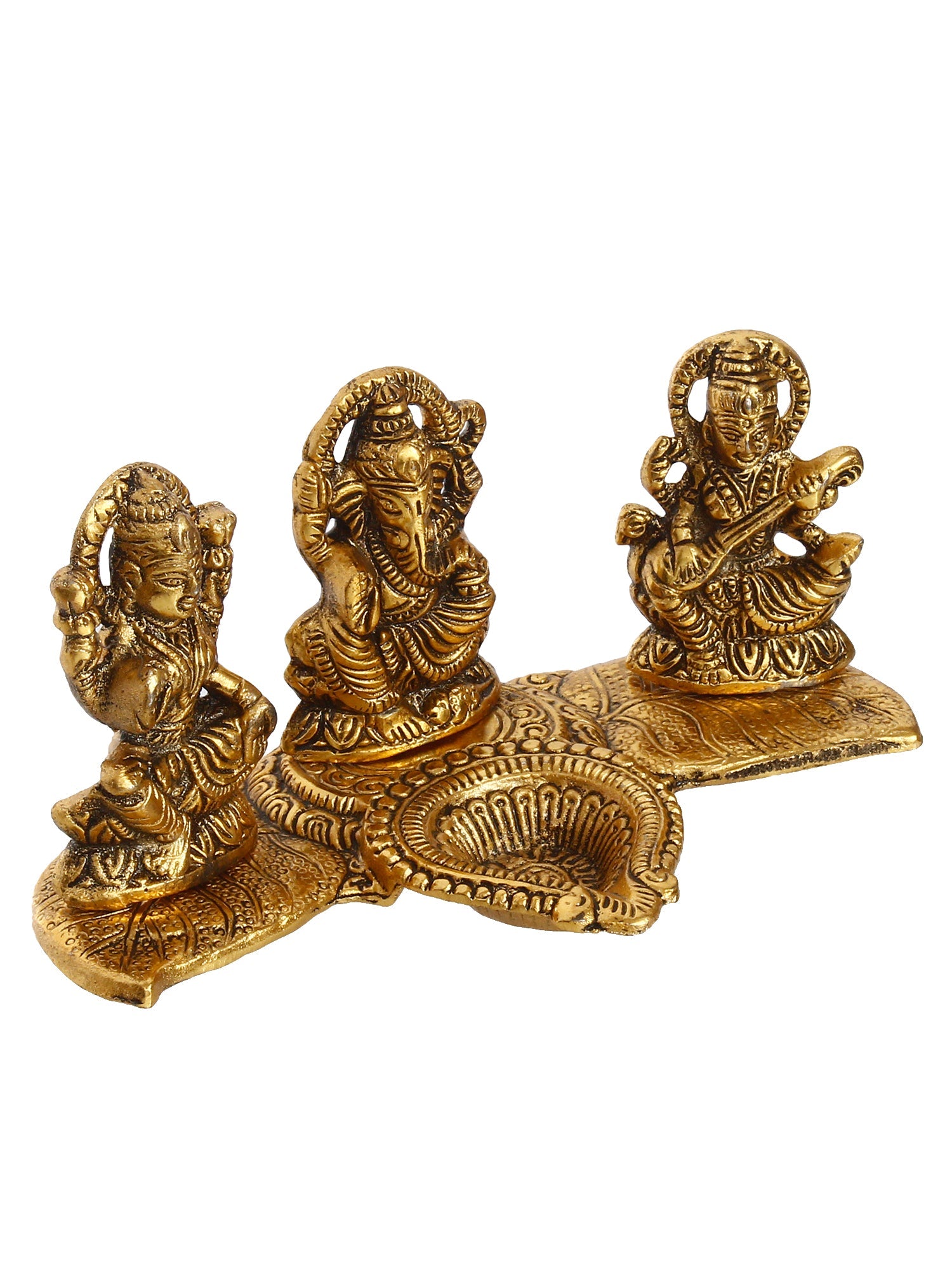 Gold Metal Handcrafted Laxmi Ganesha Saraswati Idols with Diya on Leaf Chowki Kafalo