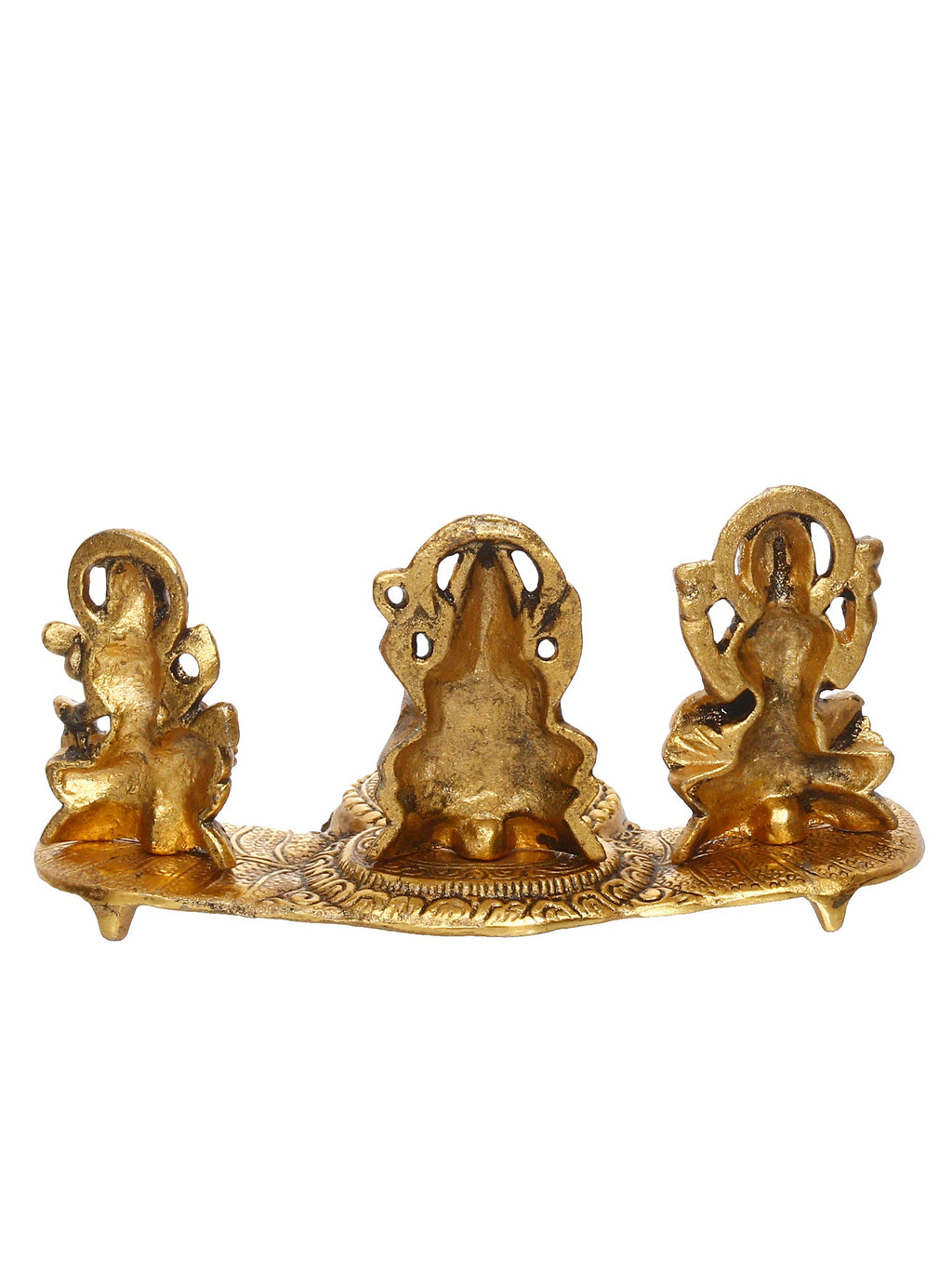 Gold Metal Handcrafted Laxmi Ganesha Saraswati Idols with Diya on Leaf Chowki Kafalo