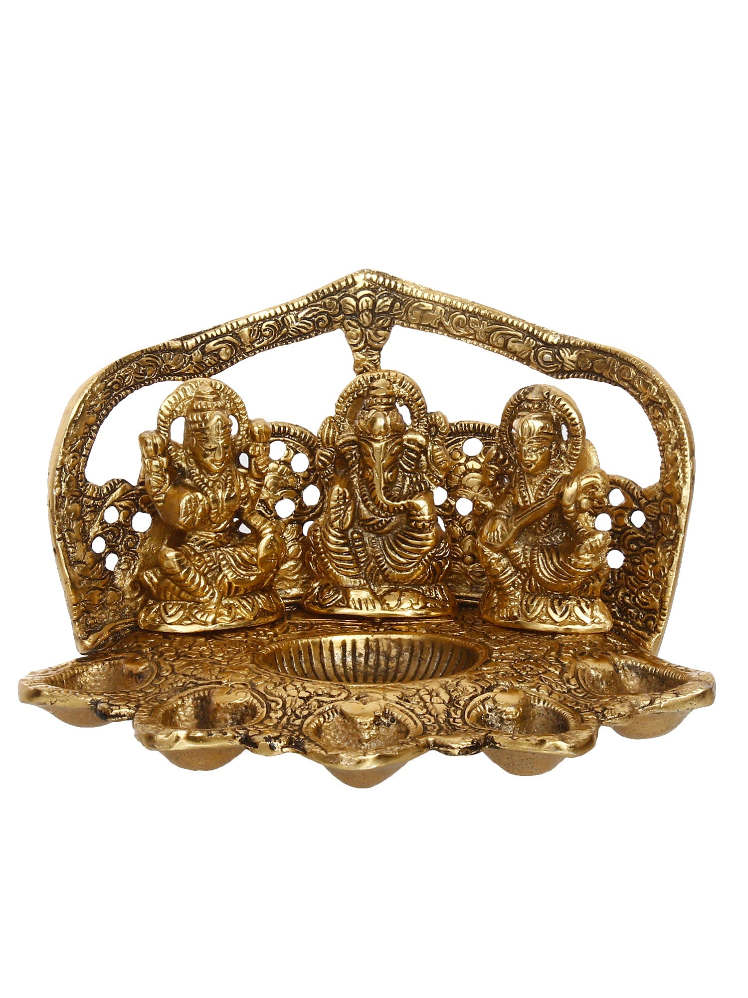 Golden Metal Handcrafted Laxmi Ganesha Saraswati Idols with Diya for 6 Wicks Kafalo