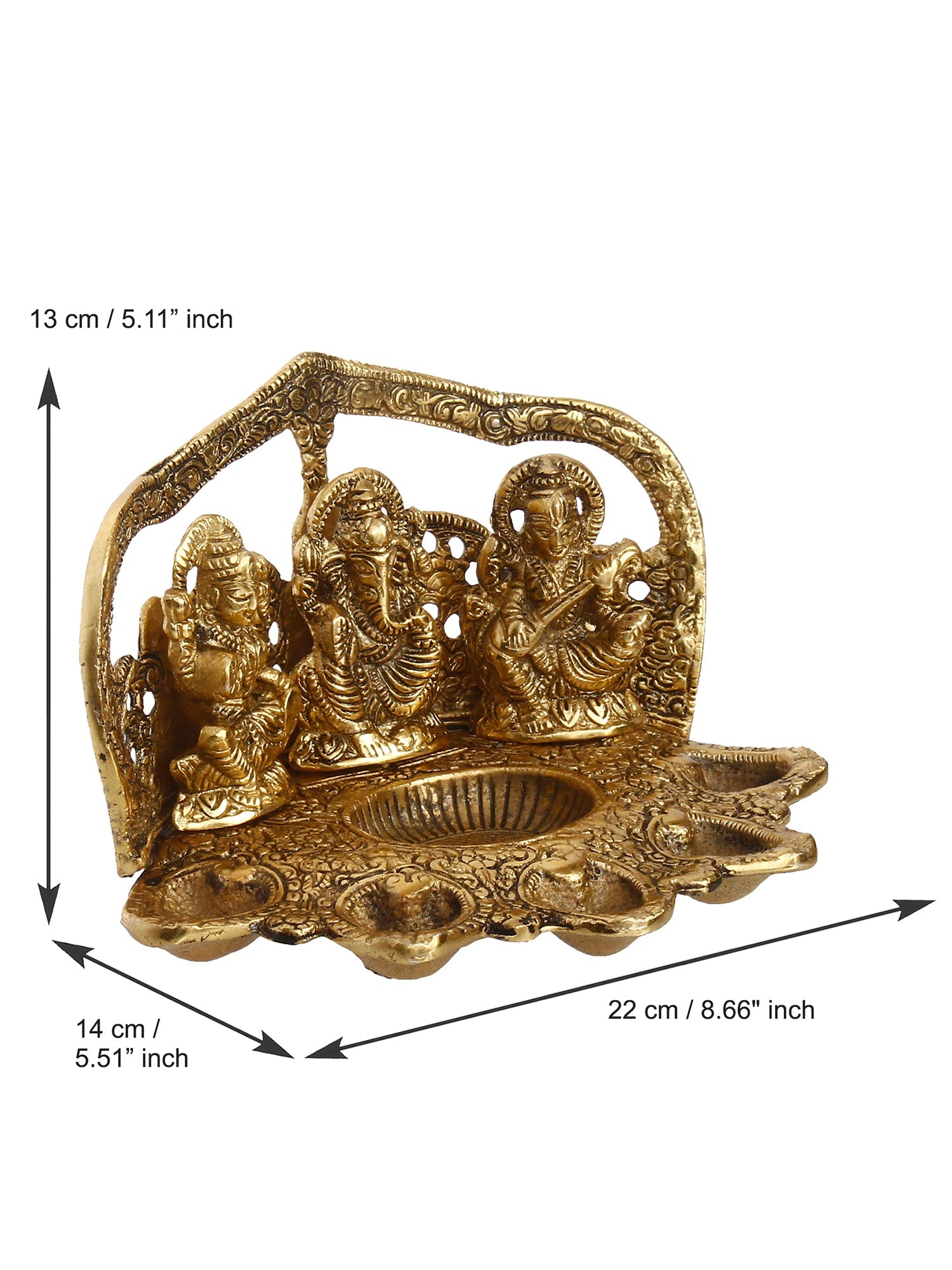 Golden Metal Handcrafted Laxmi Ganesha Saraswati Idols with Diya for 6 Wicks Kafalo