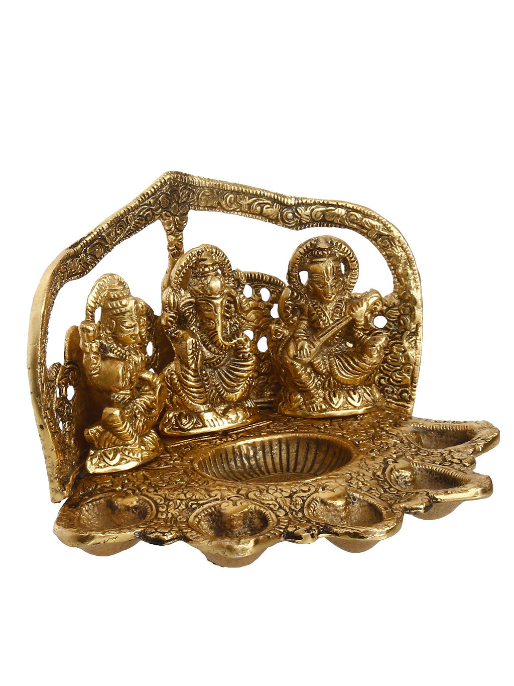 Golden Metal Handcrafted Laxmi Ganesha Saraswati Idols with Diya for 6 Wicks Kafalo