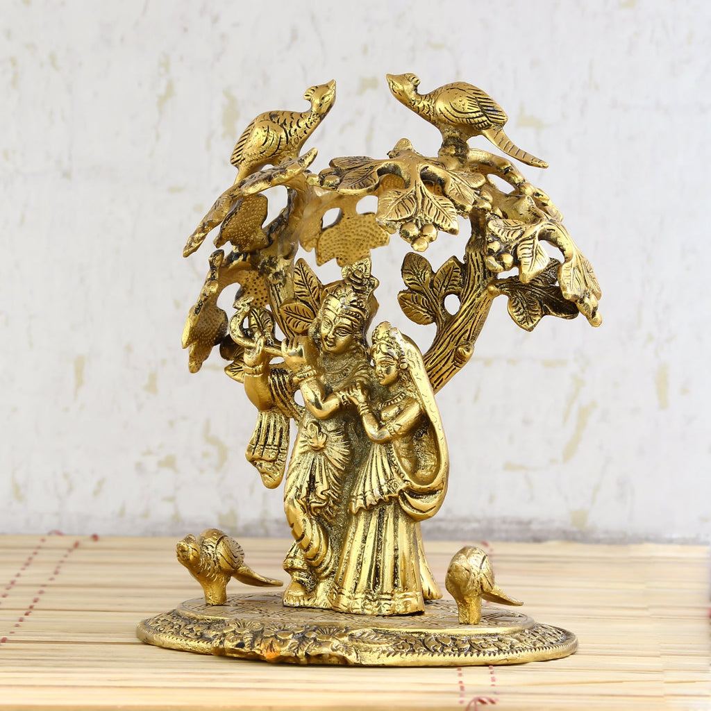 Golden Metal Radha Krishna Statue Standing under Tree Kafalo