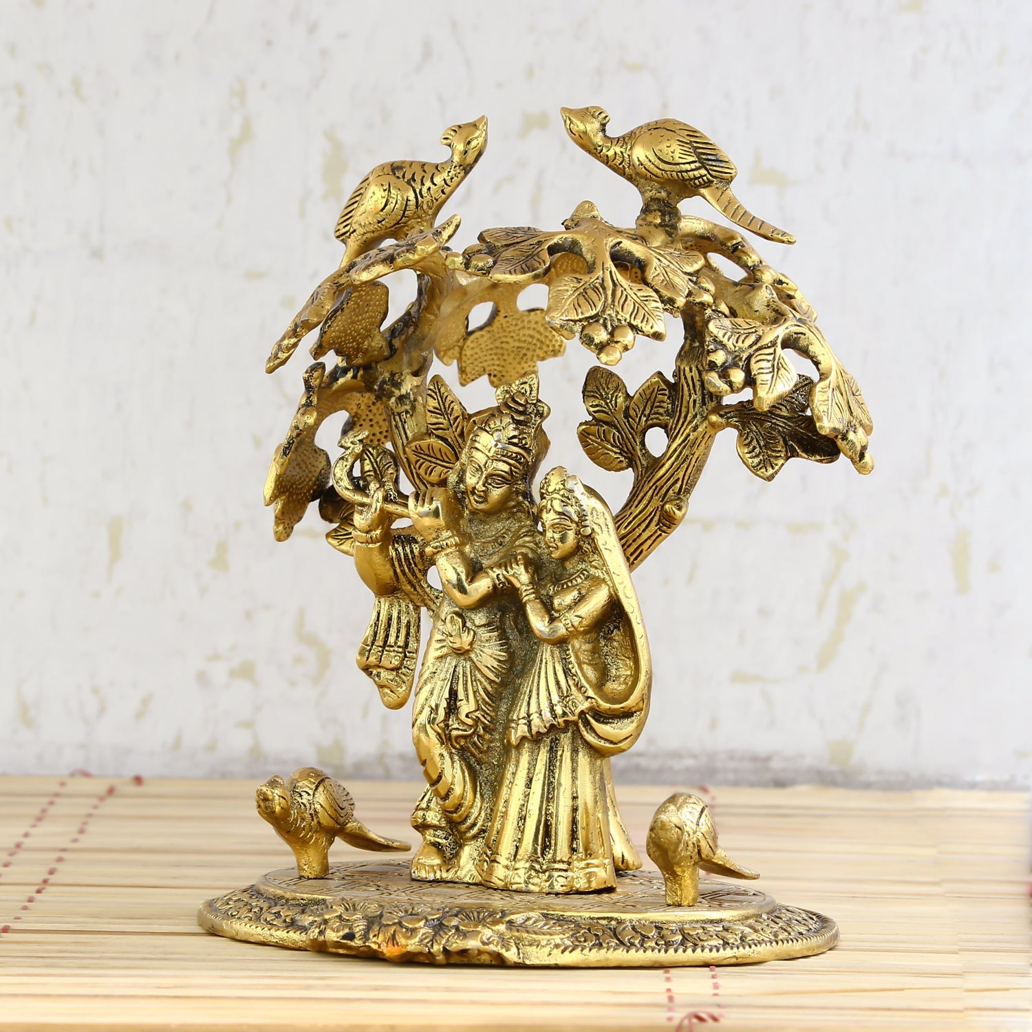 Golden Metal Radha Krishna Statue Standing under Tree Kafalo