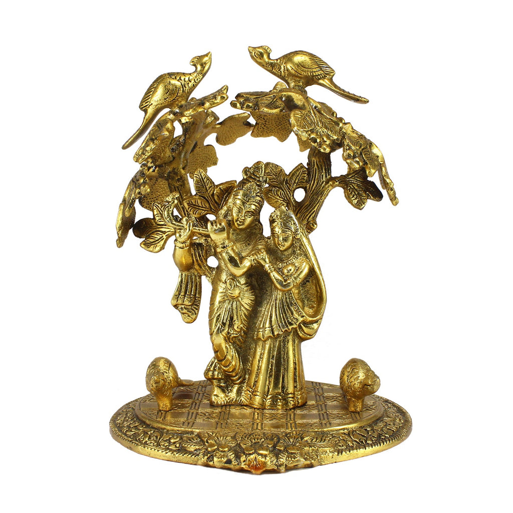 Golden Metal Radha Krishna Statue Standing under Tree Kafalo