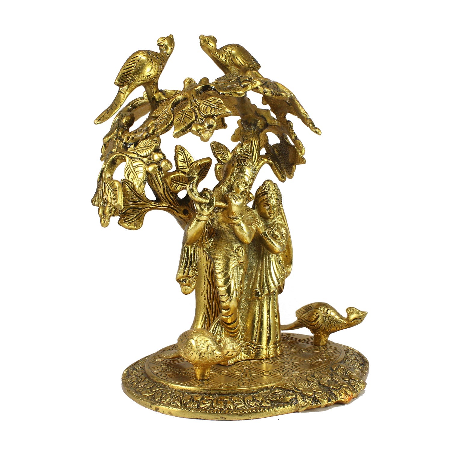 Golden Metal Radha Krishna Statue Standing under Tree Kafalo