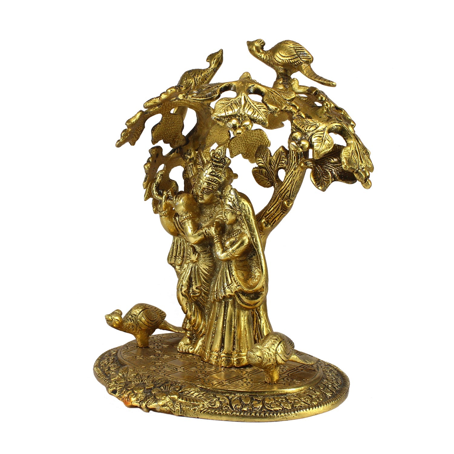 Golden Metal Radha Krishna Statue Standing under Tree Kafalo