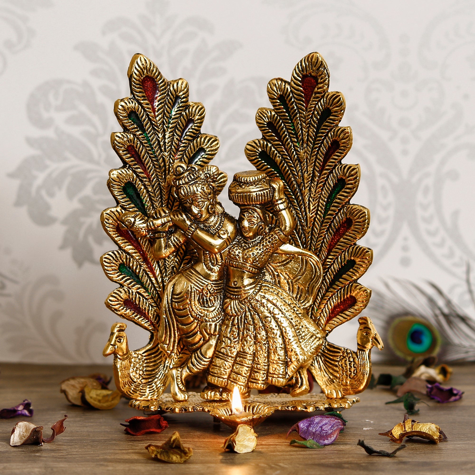 Decorative Golden Metal Radha Krishna Idol with Diya Kafalo