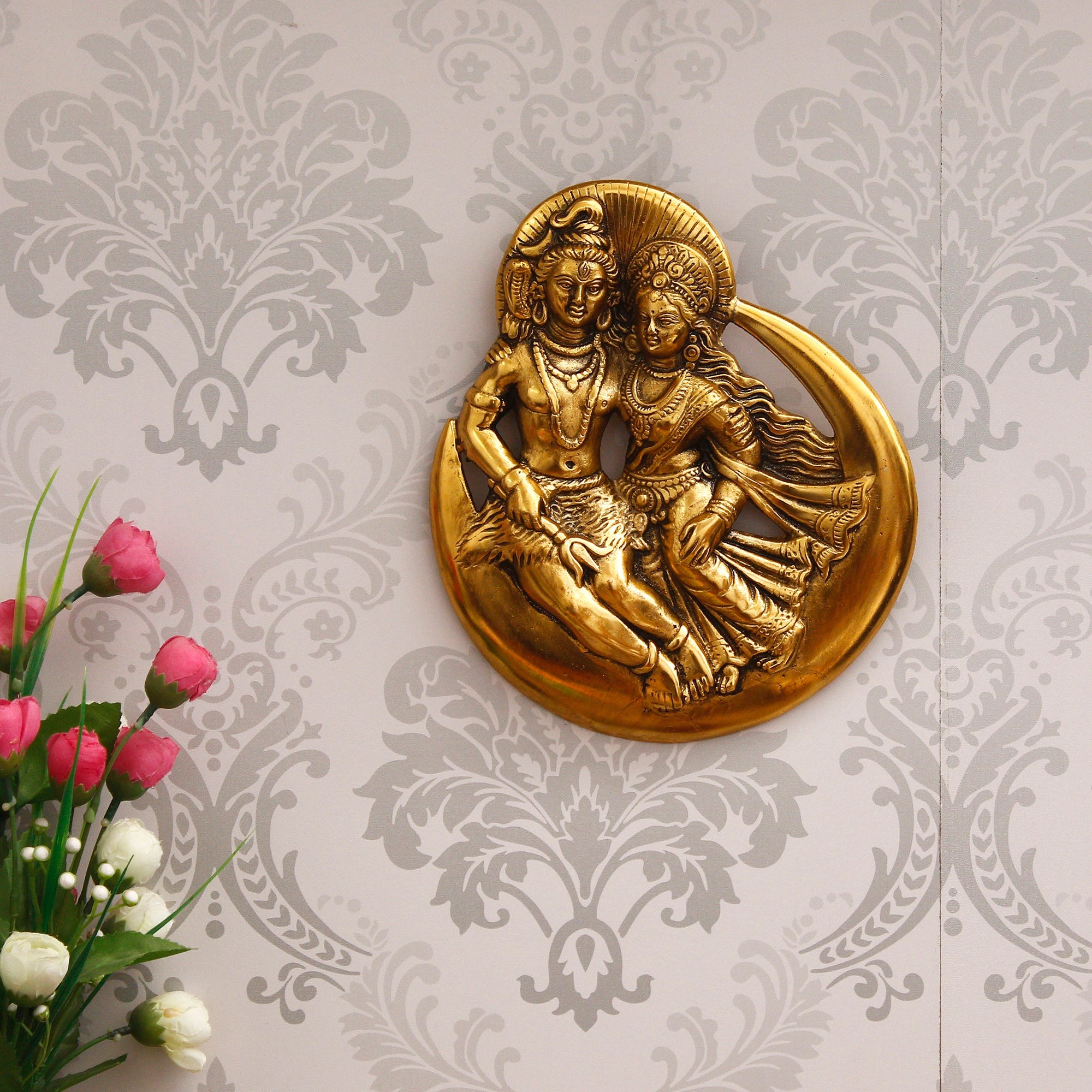 Golden Metal Shiva Parvati Idol Decorative Wall Hanging Art Kafalo