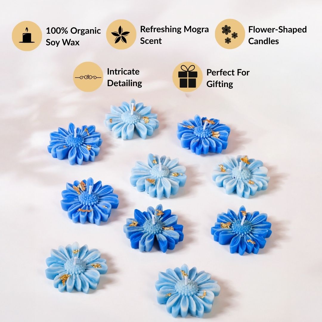 Aqua Flower Floating Candle Set Of 10 In Gift Box Nestasia