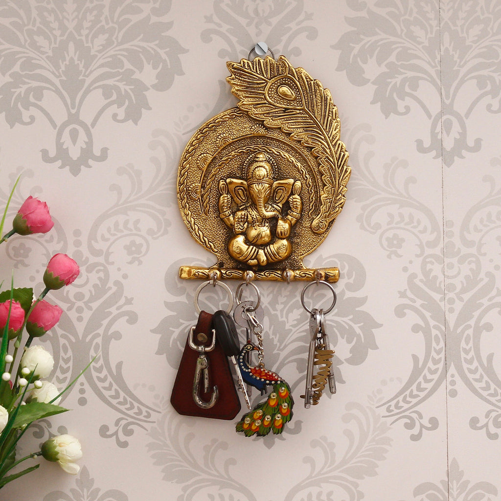 Golden Lord Ganesha Mor Pankh 4 Hooks Metal Key Holder Kafalo