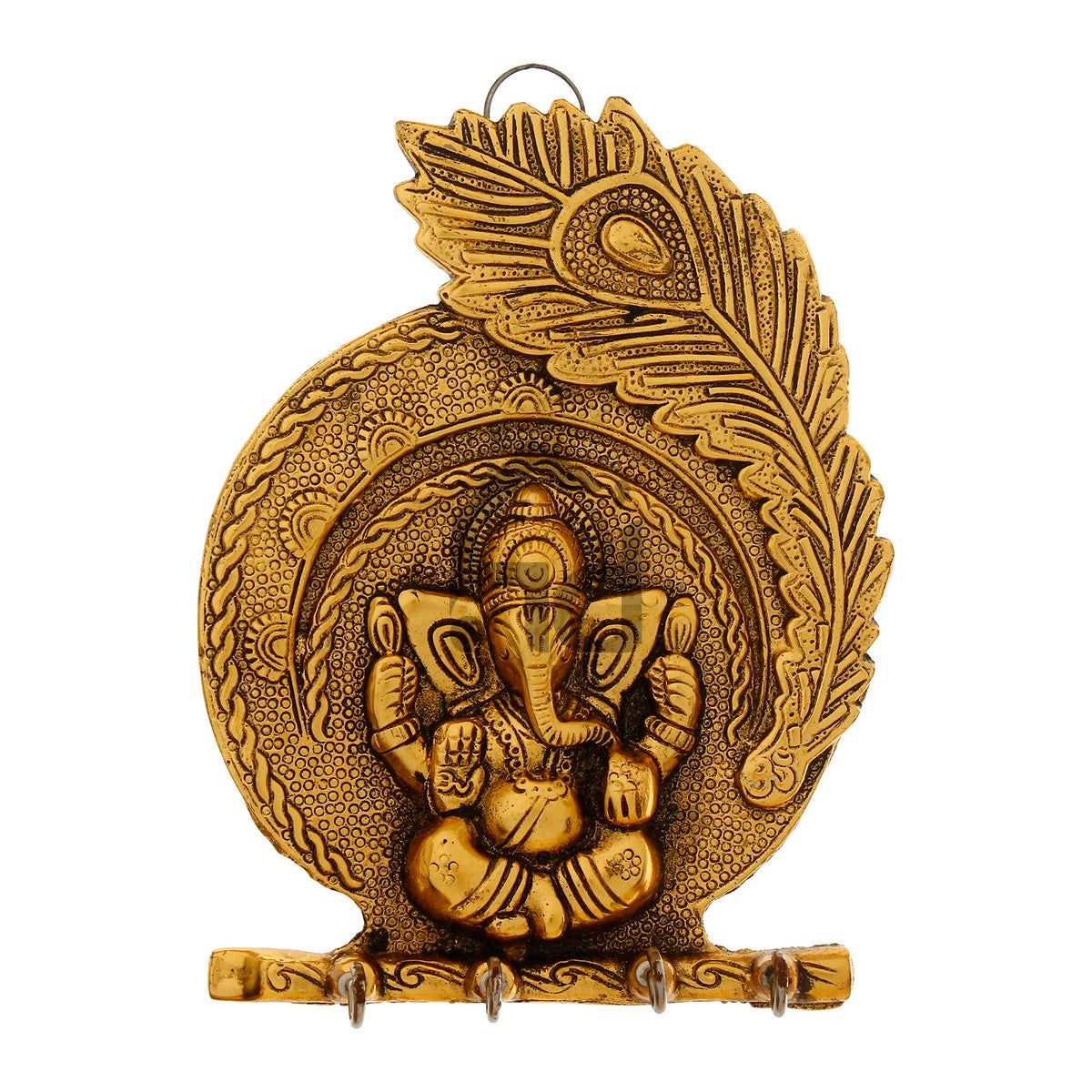 Golden Lord Ganesha Mor Pankh 4 Hooks Metal Key Holder Kafalo