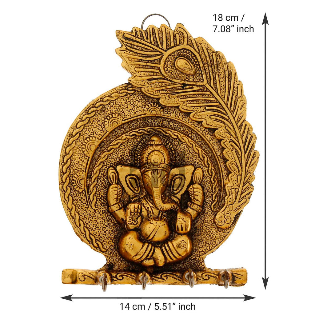 Golden Lord Ganesha Mor Pankh 4 Hooks Metal Key Holder Kafalo