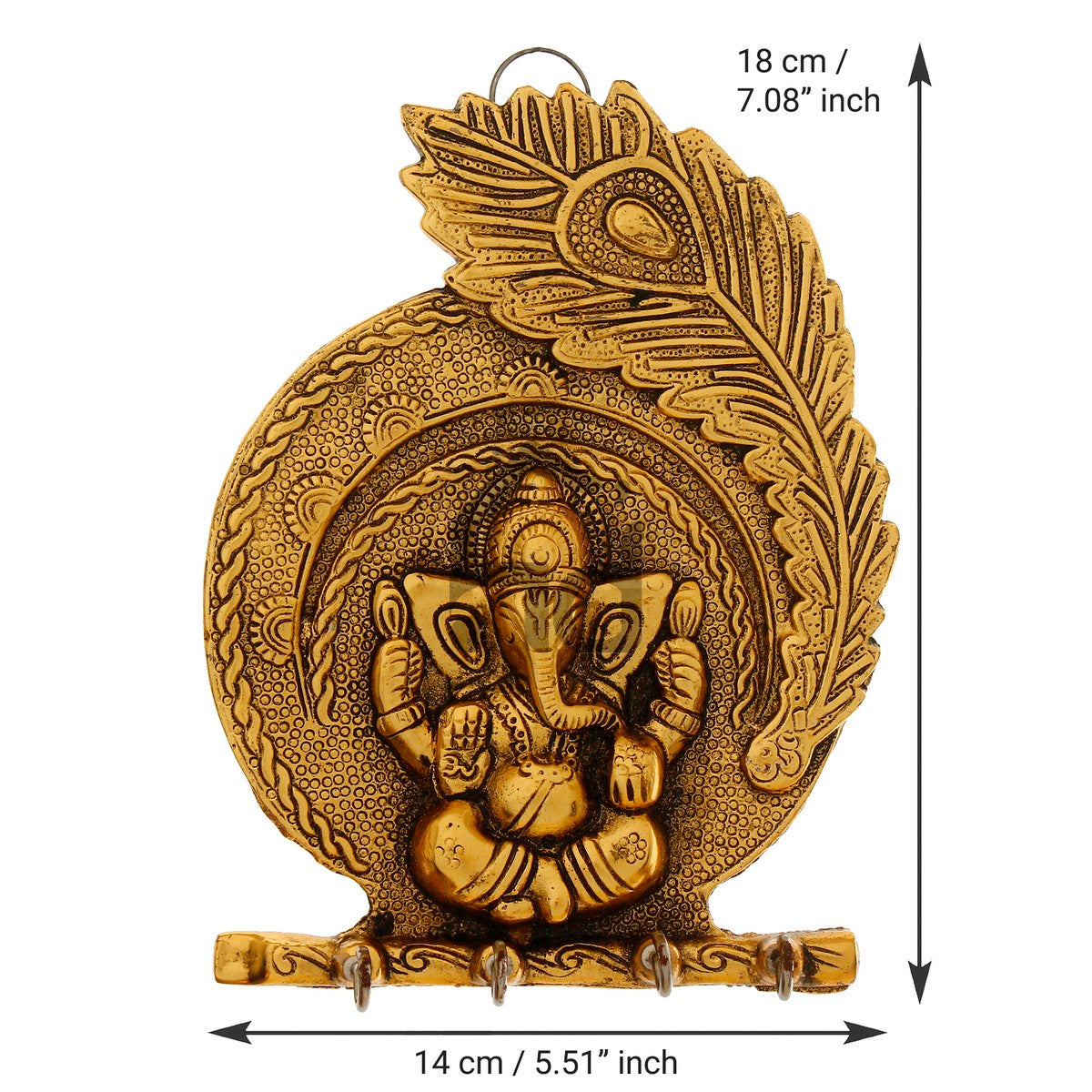 Golden Lord Ganesha Mor Pankh 4 Hooks Metal Key Holder Kafalo