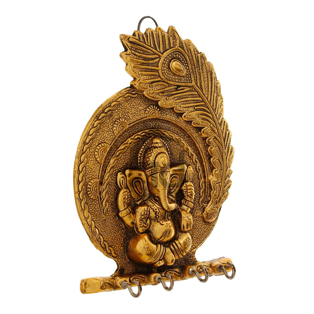 Golden Lord Ganesha Mor Pankh 4 Hooks Metal Key Holder Kafalo