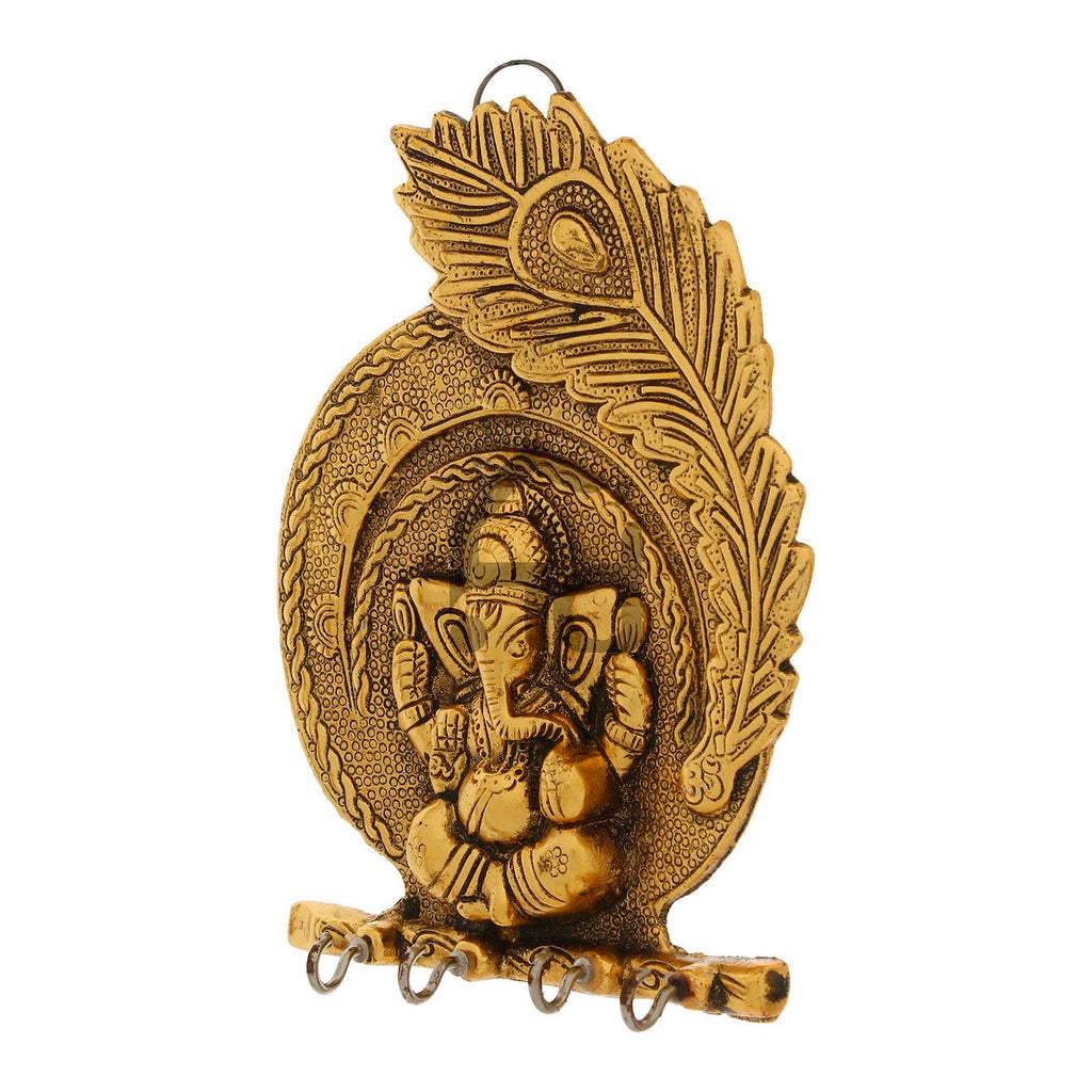 Golden Lord Ganesha Mor Pankh 4 Hooks Metal Key Holder Kafalo