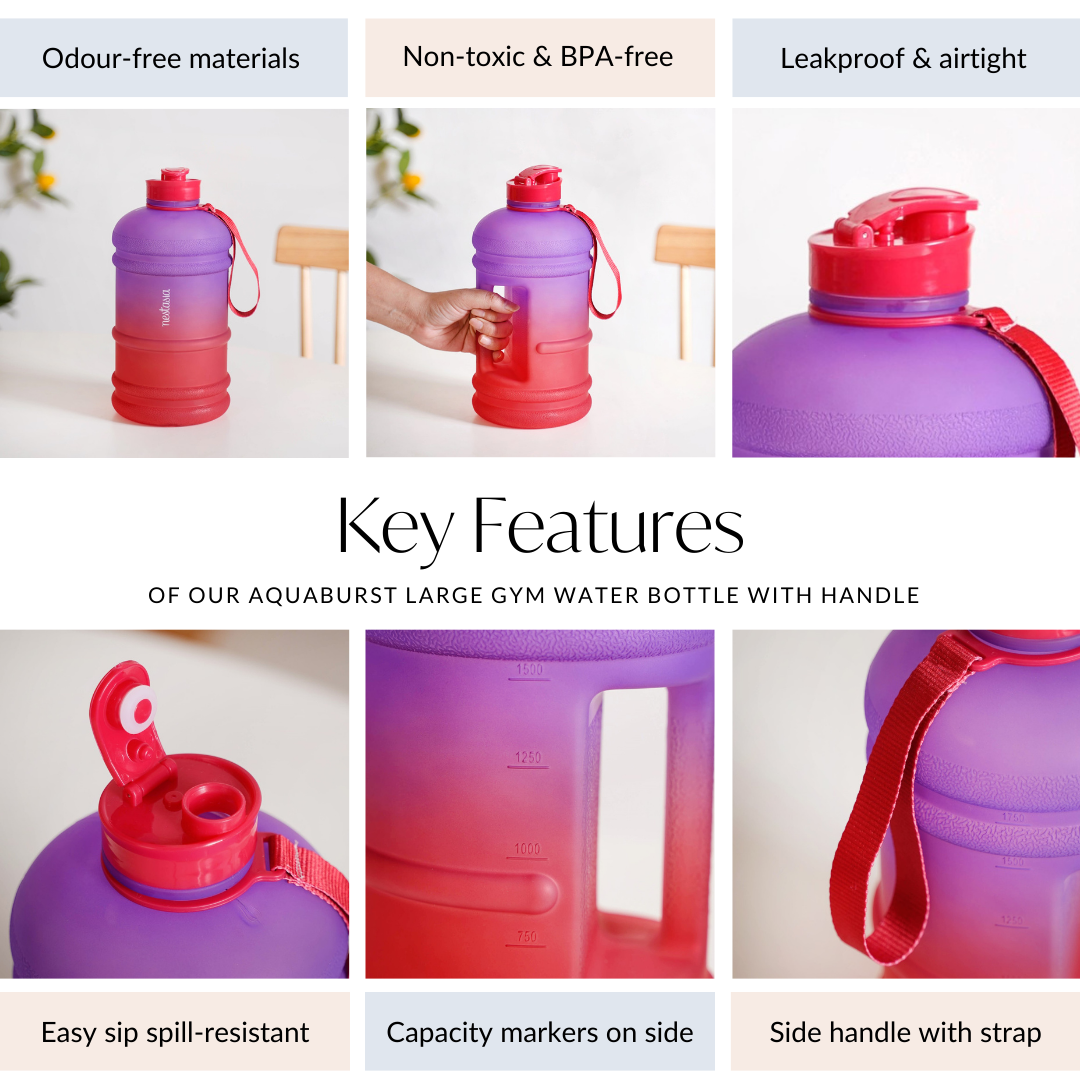 AquaBurst Large Gym Water Bottle With Handle Ombre Purple Red 2200ml Nestasia