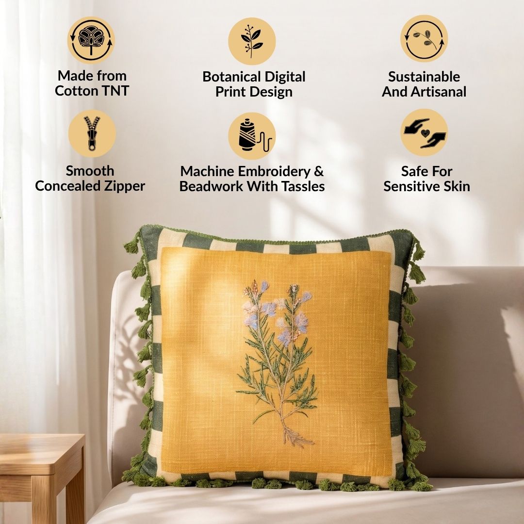 Mustard Meadow Embroidered Cotton Cushion Cover 40x40cm Nestasia