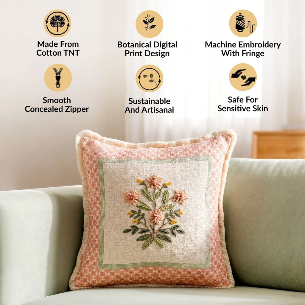 Pastel Peach Embroidered Cotton Cushion Cover 40x40cm Nestasia