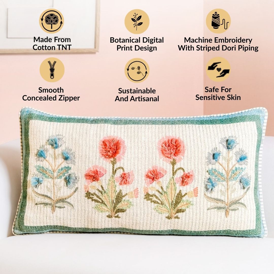 Carnation Tuft Cotton Embroidered Cushion Cover 61x36cm Nestasia
