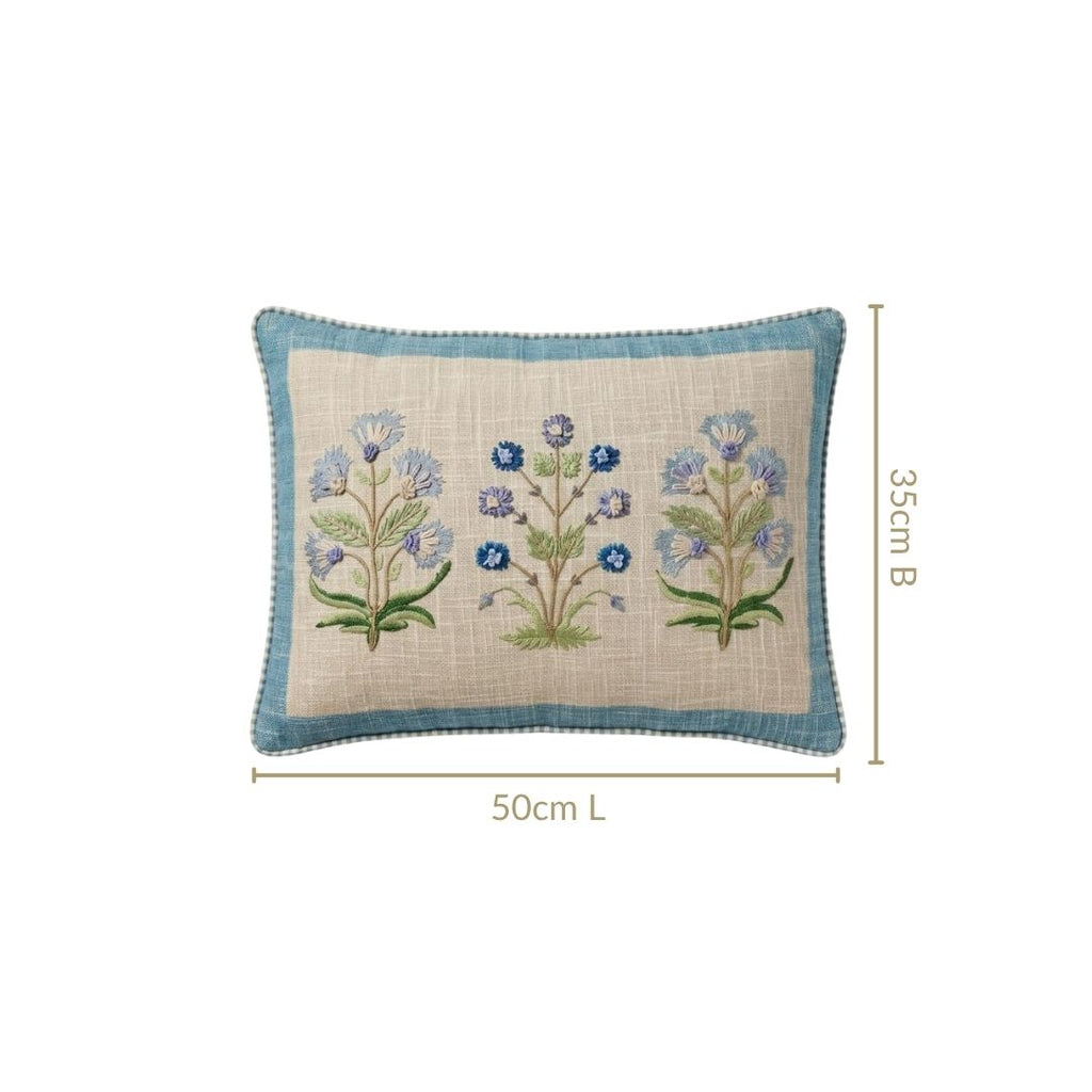 Cerulean Jardin Embroidered Cotton Cushion Cover 50x35cm Nestasia