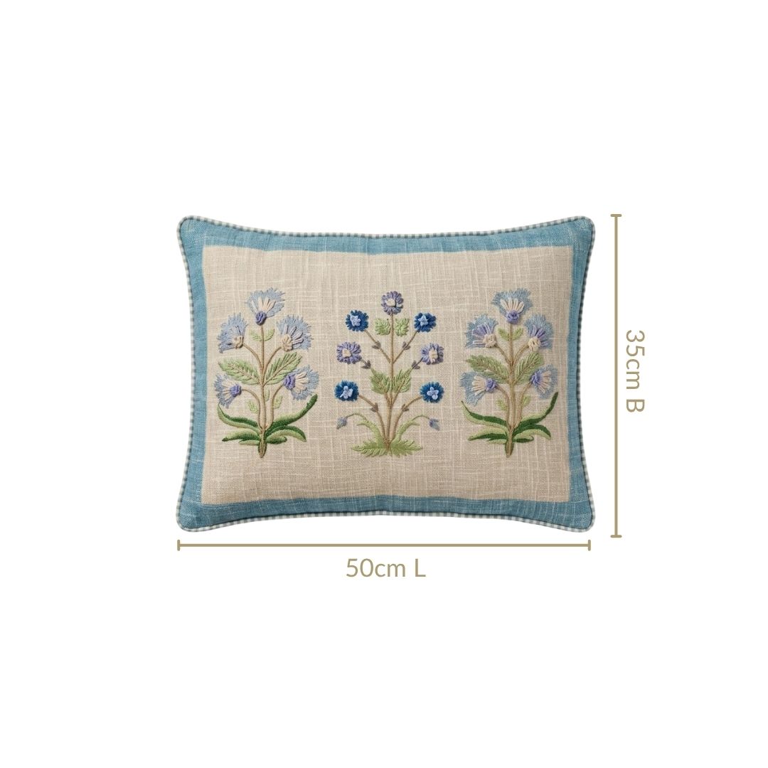Cerulean Jardin Embroidered Cotton Cushion Cover 50x35cm Nestasia
