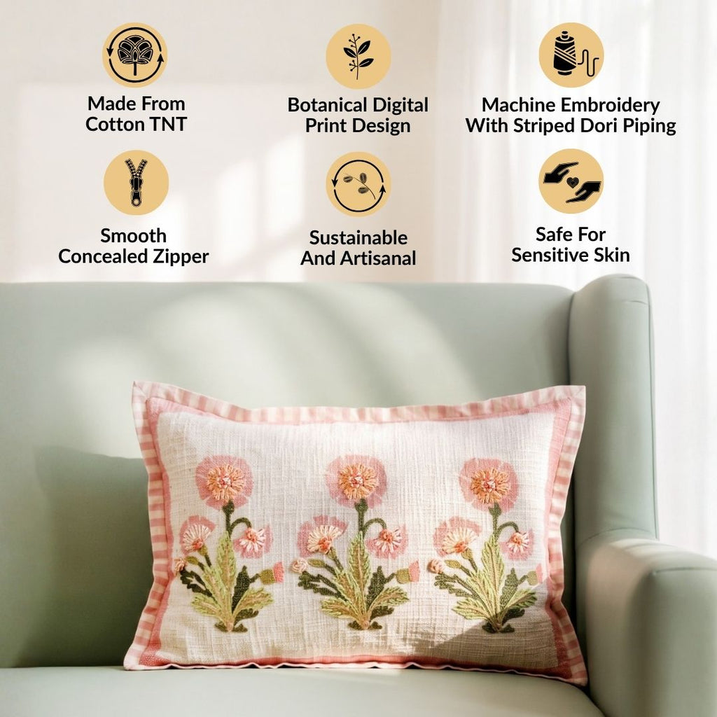 Coral Bloom Embroidered Cotton Cushion Cover 50x35cm Nestasia