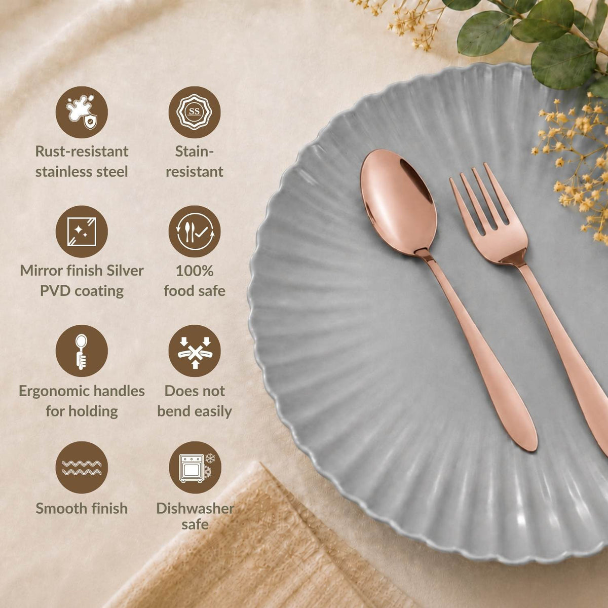 Rose Gold PVD Coated Cutlery Set Of 12 Nestasia