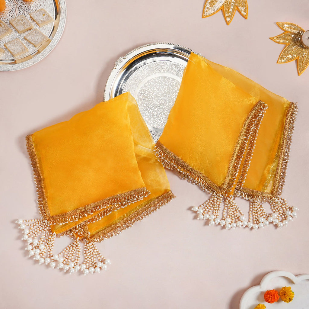 Tasselled Organza Thali Cover Yellow Set Of 2 Nestasia