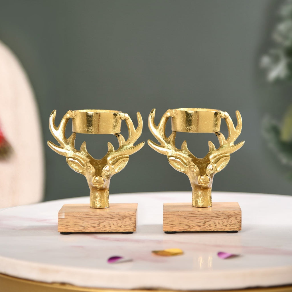 Set Of 2 Gold Stag Tea Light Candle Holder Nestasia