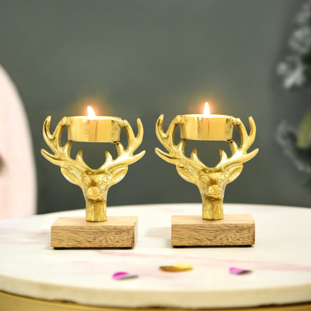 Set Of 2 Gold Stag Tea Light Candle Holder Nestasia