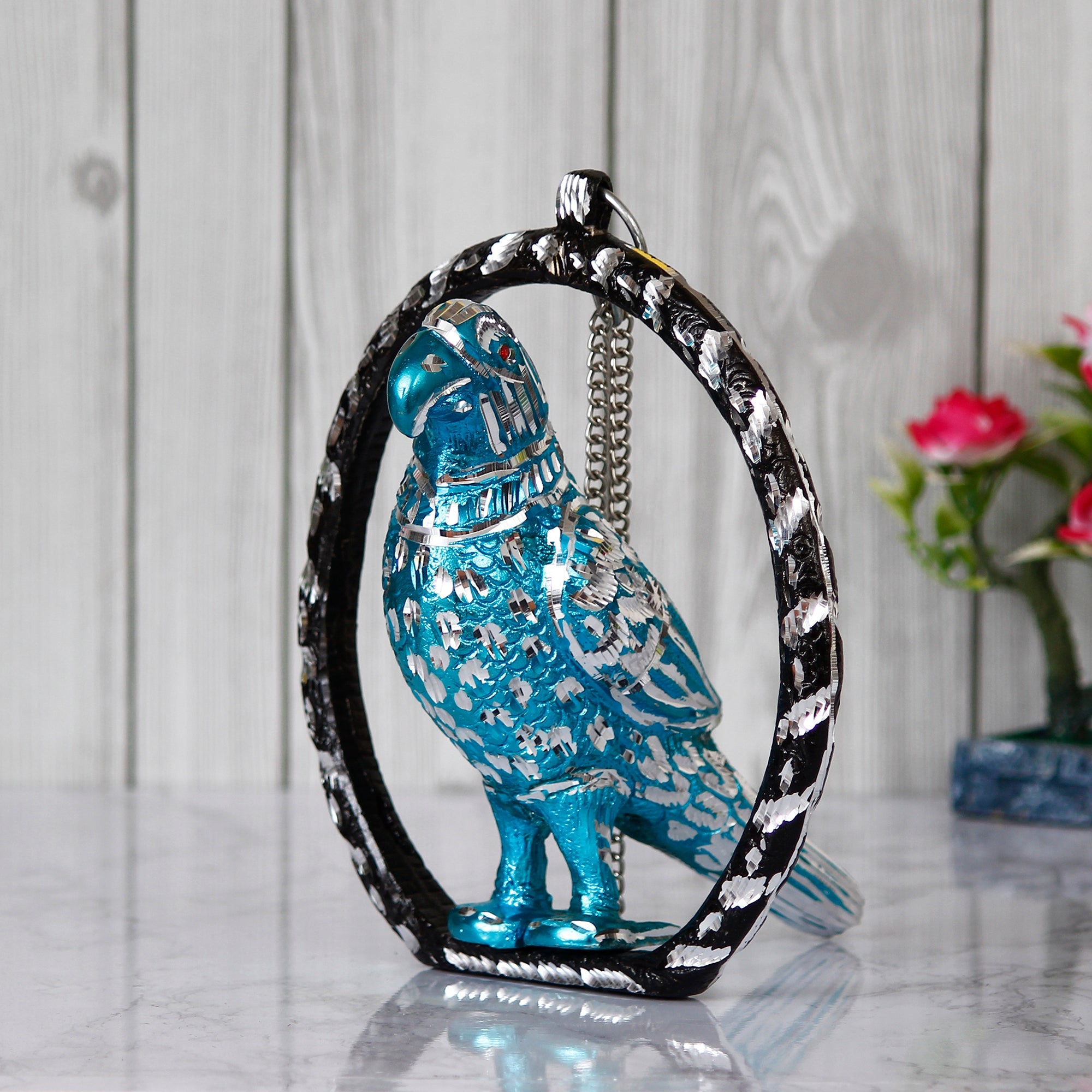 Metal Carved Blue Parrot Decorative Wall Hanging Showpiece with Chain Kafalo