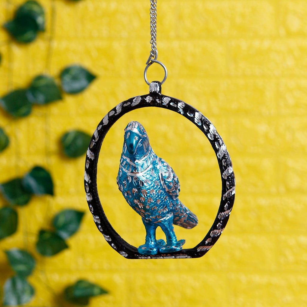 Metal Carved Blue Parrot Decorative Wall Hanging Showpiece with Chain Kafalo