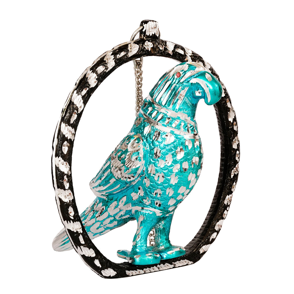 Metal Carved Blue Parrot Decorative Wall Hanging Showpiece with Chain Kafalo