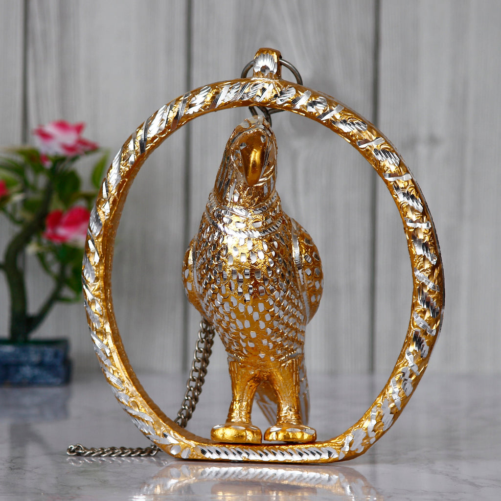 Metal Carved Golden Parrot Statue Decorative Wall Hanging Showpiece with Chain Kafalo