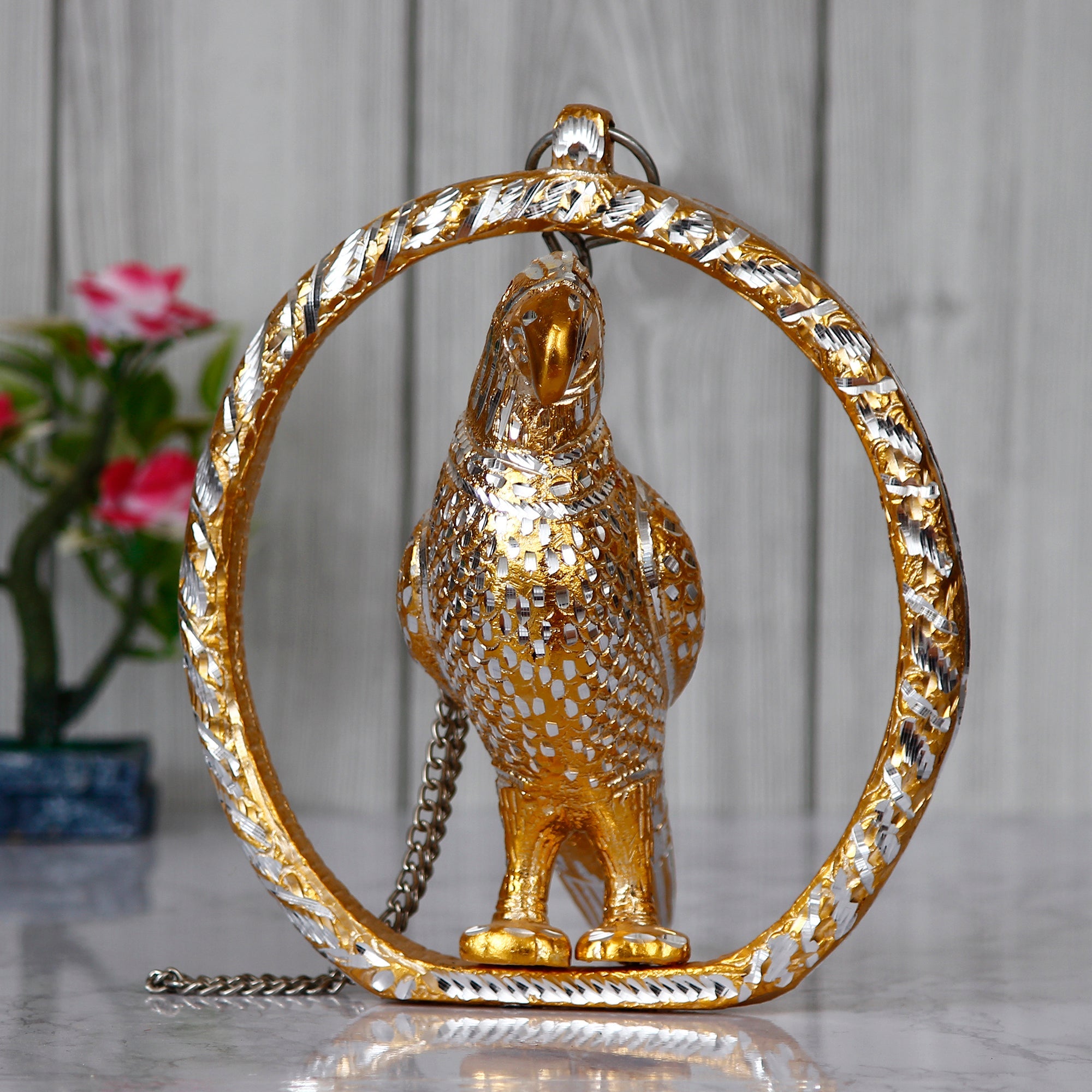 Metal Carved Golden Parrot Statue Decorative Wall Hanging Showpiece with Chain Kafalo