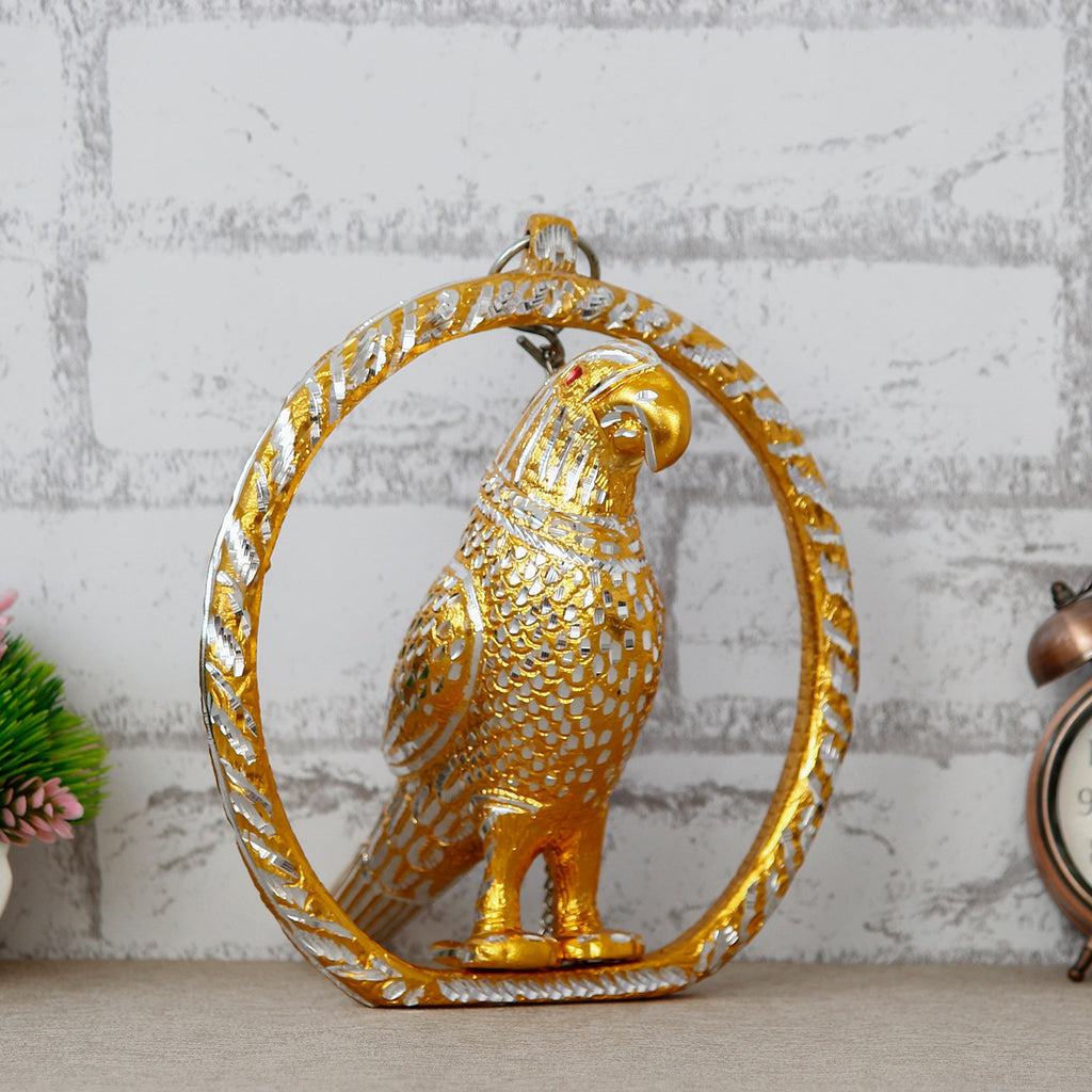Metal Carved Golden Parrot Statue Decorative Wall Hanging Showpiece with Chain Kafalo